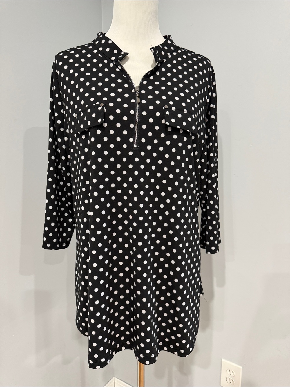 Polka Dot half Zip Tunic - Black/White